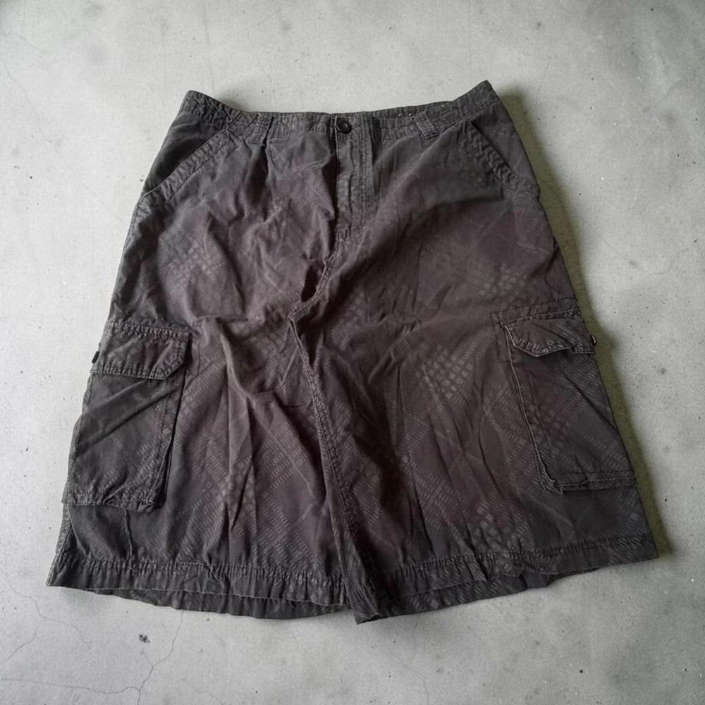 Mens Cargo Shorts Faded Black Geometric Grid Pattern Utility Pockets 36 Waist